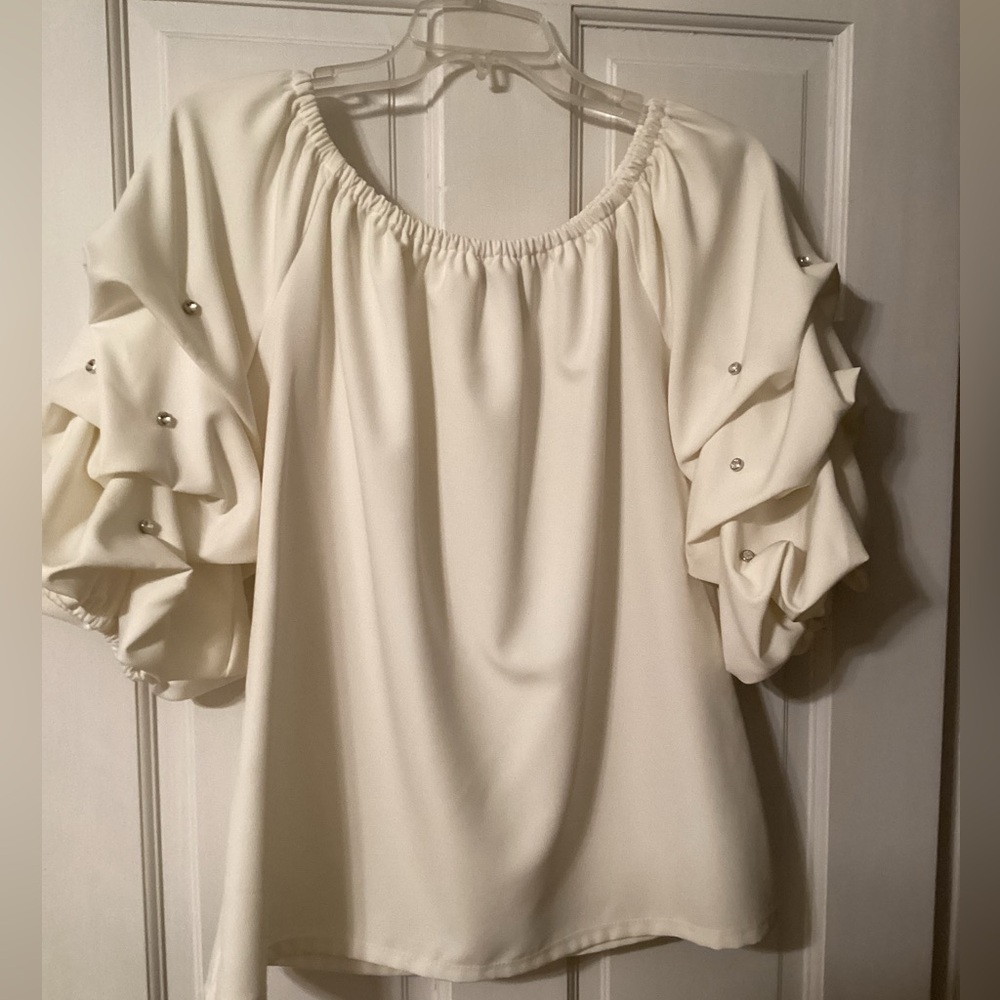 Ladies MSK off shoulder embellished sleeved top, shirt, white, size M, beaded